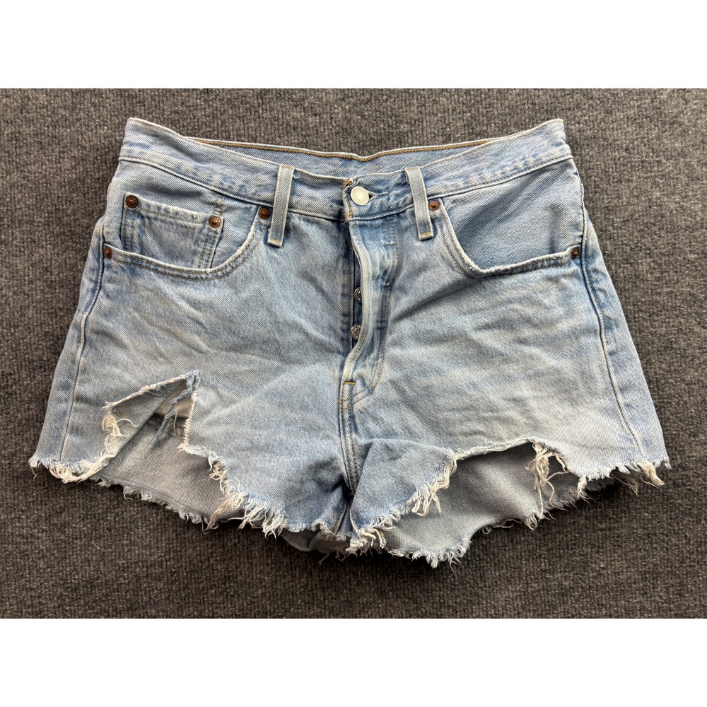 Levi's 501 Shorts Womens 28 Light Wash Distressed Raw Hem High Rise Denim
